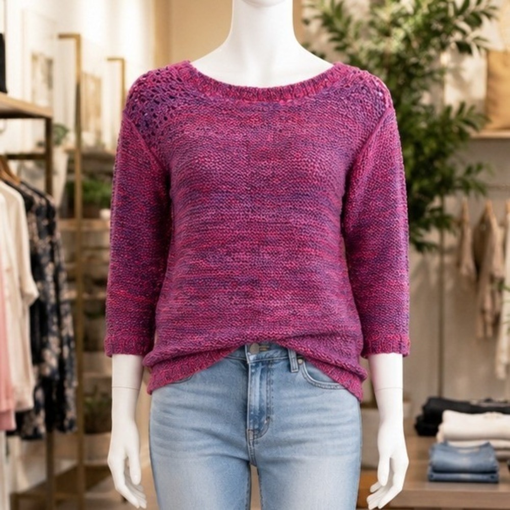 Nicole by Nicole Miller Women Sweater Pink Purple Open Knit Crochet V-Neck XS